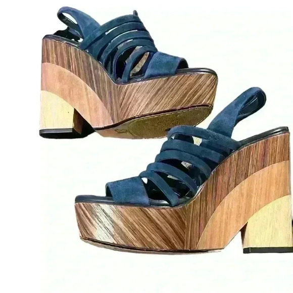 VINCE CAMUTO SANDALS Woman’s 8.5 M Onia Slingback Platform Blue Suede Wedge​ - Picture 3 of 9